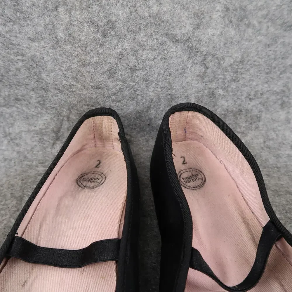 Wonder Nation Shoes Girls 2 Ballet Flats Elastic Strap Black Bow Slip On Kids